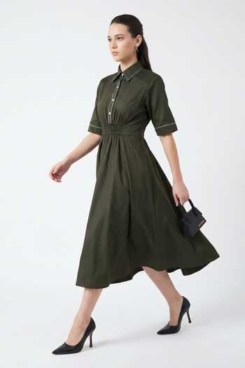 Escape By Aishwarya Olive Green Cotton Satin Collared Neck Ruching Midi Dress Online at Aza Fashions Escape By Aishwarya_Olive Green Cotton Satin Collared Neck Ruching Midi Dress _Online_at_Aza_Fashions
