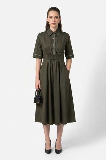 Buy Escape By Aishwarya Olive Green Cotton Satin Collared Neck Ruching Midi Dress Online at Aza Fashions Buy_Escape By Aishwarya_Olive Green Cotton Satin Collared Neck Ruching Midi Dress _Online_at_Aza_Fashions