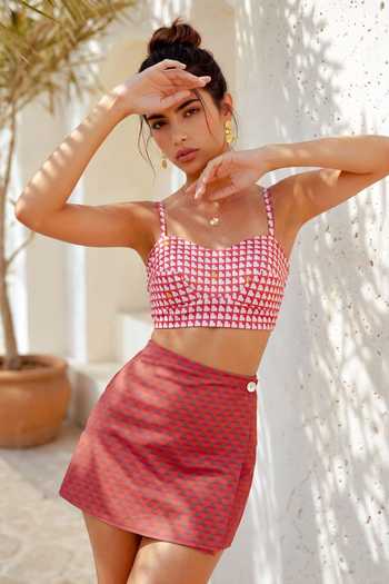 Nautanky Pink Neoprene Sweetheart Neck Rose Printed Top And Skorts Set at Aza Fashions Nautanky_Pink Neoprene Sweetheart Neck Rose Printed Top And Skorts Set _at_Aza_Fashions