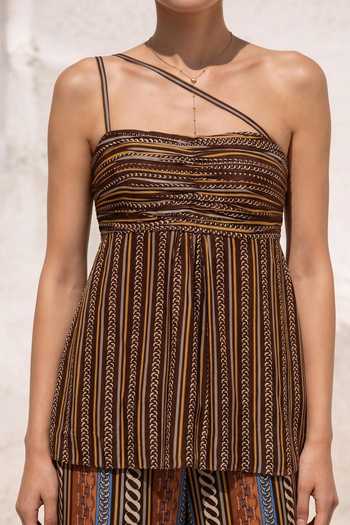 Nautanky_Multi Color Crepe Asymmetric Neck Mocha Mirage Printed Top And Pant Set _Online_at_Aza_Fashions
