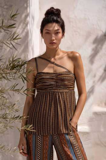 Buy_Nautanky_Multi Color Crepe Asymmetric Neck Mocha Mirage Printed Top And Pant Set _Online_at_Aza_Fashions