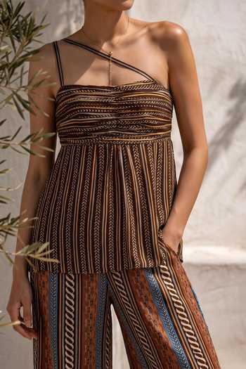 Shop_Nautanky_Multi Color Crepe Asymmetric Neck Mocha Mirage Printed Top And Pant Set _Online_at_Aza_Fashions