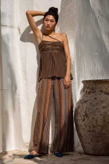 Nautanky_Multi Color Crepe Asymmetric Neck Mocha Mirage Printed Top And Pant Set _at_Aza_Fashions