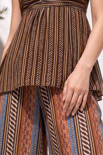 Shop_Nautanky_Multi Color Crepe Asymmetric Neck Mocha Mirage Printed Top And Pant Set 