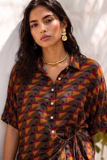 Shop Nautanky Multi Color Crepe Collared Neck Homebar Grey Printed Shirt And Shorts Set Online at Aza Fashions Shop_Nautanky_Multi Color Crepe Collared Neck Homebar Grey Printed Shirt And Shorts Set _Online_at_Aza_Fashions