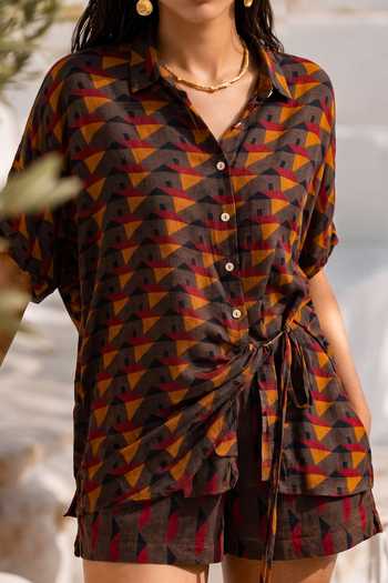 Nautanky Multi Color Crepe Collared Neck Homebar Grey Printed Shirt And Shorts Set at Aza Fashions Nautanky_Multi Color Crepe Collared Neck Homebar Grey Printed Shirt And Shorts Set _at_Aza_Fashions