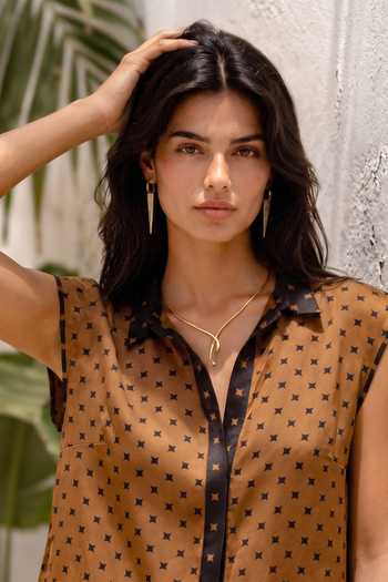 Nautanky Brown Crepe Collared Neck Sandbar Chic Printed Shirt And Trouser Set Online at Aza Fashions Nautanky_Brown Crepe Collared Neck Sandbar Chic Printed Shirt And Trouser Set _Online_at_Aza_Fashions
