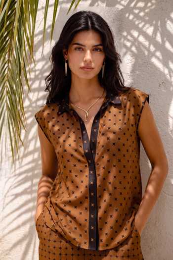 Shop Nautanky Brown Crepe Collared Neck Sandbar Chic Printed Shirt And Trouser Set Online at Aza Fashions Shop_Nautanky_Brown Crepe Collared Neck Sandbar Chic Printed Shirt And Trouser Set _Online_at_Aza_Fashions