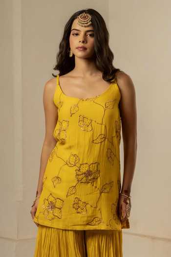 Nimbu Mirchi Yellow Chanderi Scoop Neck Iqra Embroidered Kurta Sharara Set Online at Aza Fashions Nimbu Mirchi_Yellow Chanderi Scoop Neck Iqra Embroidered Kurta Sharara Set _Online_at_Aza_Fashions