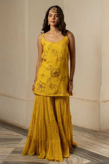 Nimbu Mirchi Yellow Chanderi Scoop Neck Iqra Embroidered Kurta Sharara Set at Aza Fashions Nimbu Mirchi_Yellow Chanderi Scoop Neck Iqra Embroidered Kurta Sharara Set _at_Aza_Fashions