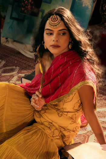 Shop Nimbu Mirchi Yellow Chanderi Scoop Neck Iqra Embroidered Kurta Sharara Set Shop_Nimbu Mirchi_Yellow Chanderi Scoop Neck Iqra Embroidered Kurta Sharara Set