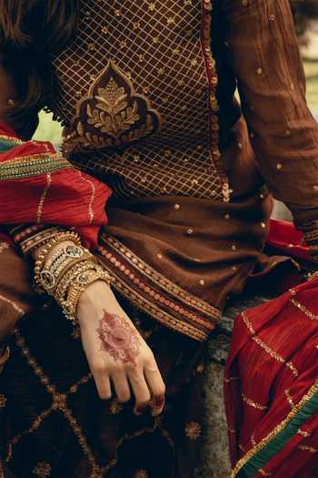Nimbu Mirchi Brown Chanderi Round Neck Sanaa Embroidered Kurta Set at Aza Fashions Nimbu Mirchi_Brown Chanderi Round Neck Sanaa Embroidered Kurta Set _at_Aza_Fashions