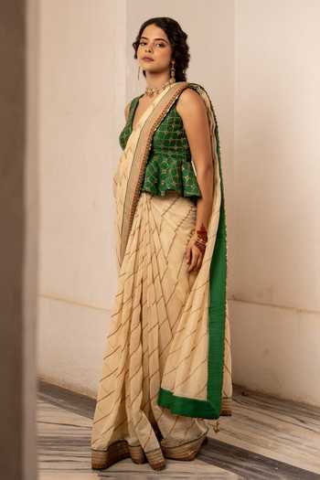 Nimbu Mirchi Cream Chanderi V-neck Simra Embroidered Saree With Peplum Blouse Online at Aza Fashions Nimbu Mirchi_Cream Chanderi V-neck Simra Embroidered Saree With Peplum Blouse _Online_at_Aza_Fashions