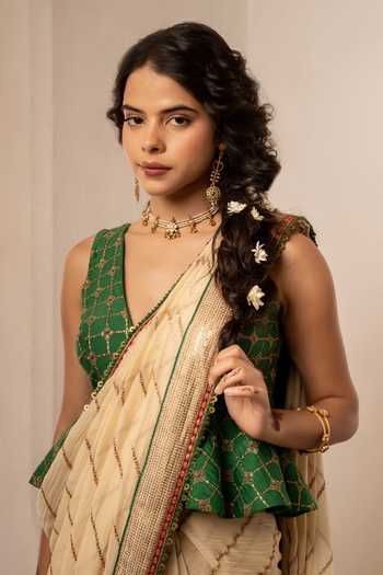 Buy Nimbu Mirchi Cream Chanderi V-neck Simra Embroidered Saree With Peplum Blouse Online at Aza Fashions Buy_Nimbu Mirchi_Cream Chanderi V-neck Simra Embroidered Saree With Peplum Blouse _Online_at_Aza_Fashions