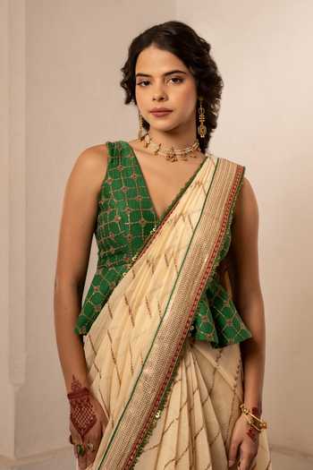Shop Nimbu Mirchi Cream Chanderi V-neck Simra Embroidered Saree With Peplum Blouse Online at Aza Fashions Shop_Nimbu Mirchi_Cream Chanderi V-neck Simra Embroidered Saree With Peplum Blouse _Online_at_Aza_Fashions