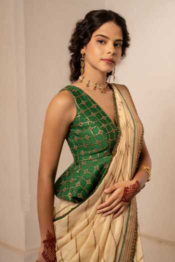 Nimbu Mirchi Cream Chanderi V-neck Simra Embroidered Saree With Peplum Blouse at Aza Fashions Nimbu Mirchi_Cream Chanderi V-neck Simra Embroidered Saree With Peplum Blouse _at_Aza_Fashions