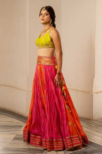 Nimbu Mirchi_Yellow Chanderi Sweetheart Neck Adaa Lehenga Set _Online_at_Aza_Fashions