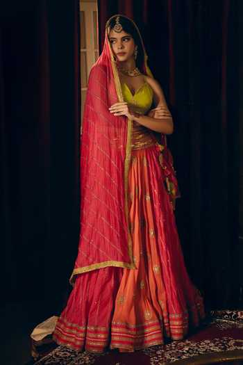 Shop_Nimbu Mirchi_Yellow Chanderi Sweetheart Neck Adaa Lehenga Set _Online_at_Aza_Fashions