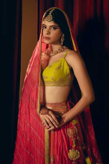 Buy_Nimbu Mirchi_Yellow Chanderi Sweetheart Neck Adaa Lehenga Set 