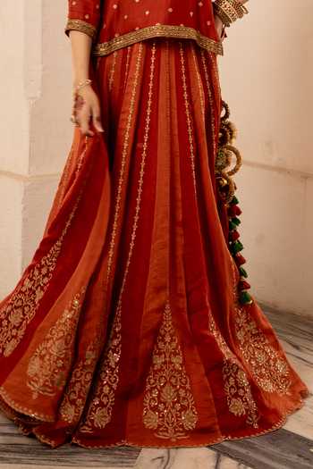 Nimbu Mirchi_Red Chanderi Round Neck Nayaab Embroidered Top Lehenga Set _Online_at_Aza_Fashions
