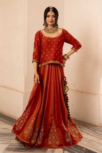 Buy_Nimbu Mirchi_Red Chanderi Round Neck Nayaab Embroidered Top Lehenga Set _Online_at_Aza_Fashions