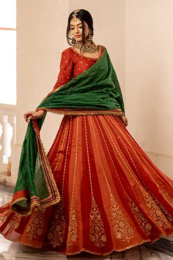 Shop_Nimbu Mirchi_Red Chanderi Round Neck Nayaab Embroidered Top Lehenga Set _Online_at_Aza_Fashions
