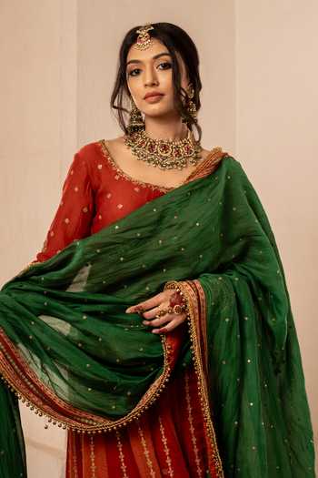 Nimbu Mirchi_Red Chanderi Round Neck Nayaab Embroidered Top Lehenga Set _at_Aza_Fashions