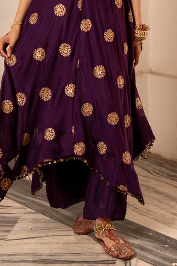 Nimbu Mirchi Purple Chanderi, Viscose, Silk V-neck, Yes Sahira Embroidered Kurta Set Online at Aza Fashions Nimbu Mirchi_Purple Chanderi, Viscose, Silk V-neck, Yes Sahira Embroidered Kurta Set _Online_at_Aza_Fashions