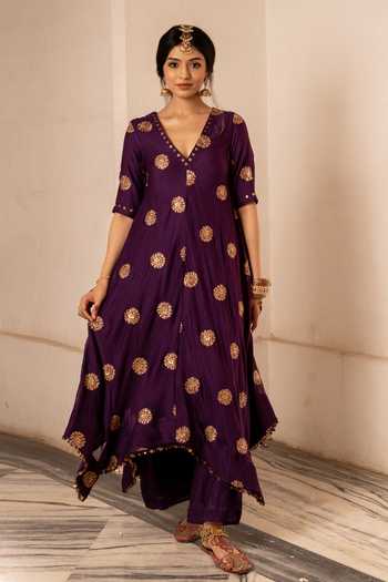 Shop Nimbu Mirchi Purple Chanderi, Viscose, Silk V-neck, Yes Sahira Embroidered Kurta Set Online at Aza Fashions Shop_Nimbu Mirchi_Purple Chanderi, Viscose, Silk V-neck, Yes Sahira Embroidered Kurta Set _Online_at_Aza_Fashions
