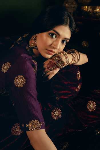 Nimbu Mirchi Purple Chanderi, Viscose, Silk V-neck, Yes Sahira Embroidered Kurta Set at Aza Fashions Nimbu Mirchi_Purple Chanderi, Viscose, Silk V-neck, Yes Sahira Embroidered Kurta Set _at_Aza_Fashions
