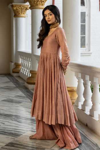 Nimbu Mirchi_Peach Chanderi Embroidery Scoop Neck Sitaraa Anarkali Set _Online_at_Aza_Fashions
