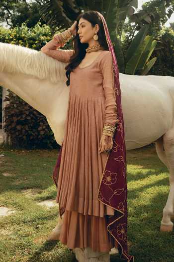 Shop_Nimbu Mirchi_Peach Chanderi Embroidery Scoop Neck Sitaraa Anarkali Set _Online_at_Aza_Fashions