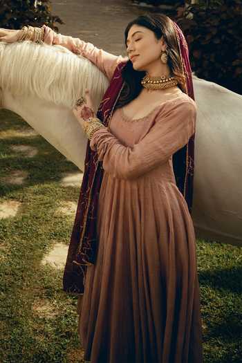 Nimbu Mirchi_Peach Chanderi Embroidery Scoop Neck Sitaraa Anarkali Set _at_Aza_Fashions