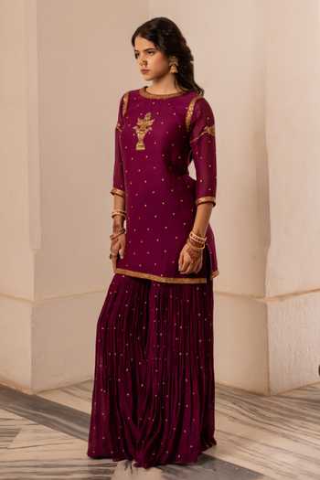 Nimbu Mirchi_Wine Chanderi Round Neck Salmaaa Embroidered Kurta Sharara Set _Online_at_Aza_Fashions