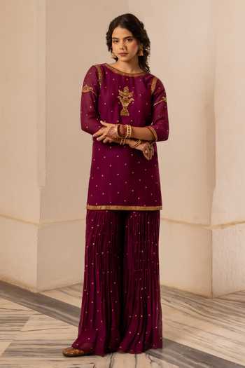 Buy_Nimbu Mirchi_Wine Chanderi Round Neck Salmaaa Embroidered Kurta Sharara Set _Online_at_Aza_Fashions