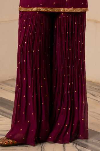 Shop_Nimbu Mirchi_Wine Chanderi Round Neck Salmaaa Embroidered Kurta Sharara Set _Online_at_Aza_Fashions