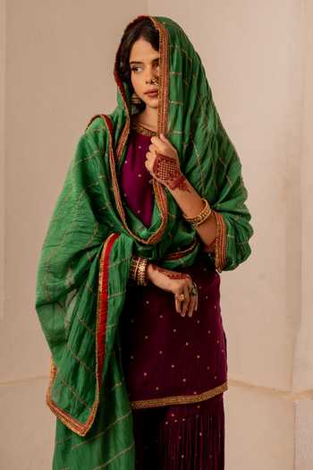 Nimbu Mirchi_Wine Chanderi Round Neck Salmaaa Embroidered Kurta Sharara Set _at_Aza_Fashions