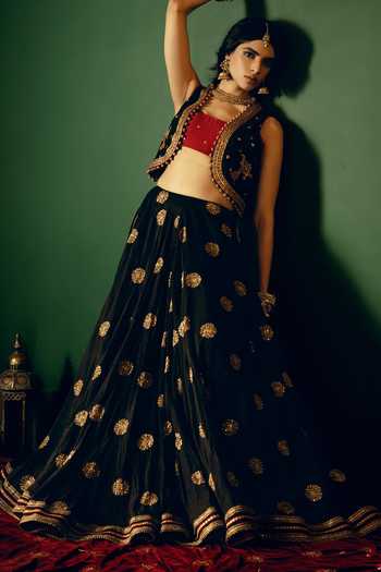 Nimbu Mirchi Black Chanderi Open , Square Alia Embroidered Jacket Lehenga Set Online at Aza Fashions Nimbu Mirchi_Black Chanderi Open , Square Alia Embroidered Jacket Lehenga Set _Online_at_Aza_Fashions