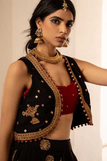 Buy Nimbu Mirchi Black Chanderi Open , Square Alia Embroidered Jacket Lehenga Set Online at Aza Fashions Buy_Nimbu Mirchi_Black Chanderi Open , Square Alia Embroidered Jacket Lehenga Set _Online_at_Aza_Fashions