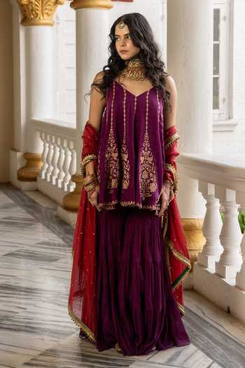 Buy_Nimbu Mirchi_Purple Chanderi V-neck Gulzar Embroidered Kurta Sharara Set _Online_at_Aza_Fashions
