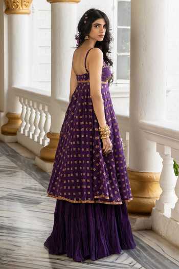 Shop Nimbu Mirchi Purple Chanderi V-neck Inaya Embroidered Anarkali Set at Aza Fashions Shop_Nimbu Mirchi_Purple Chanderi V-neck Inaya Embroidered Anarkali Set _at_Aza_Fashions