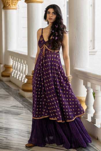 Nimbu Mirchi Purple Chanderi V-neck Inaya Embroidered Anarkali Set Online at Aza Fashions Nimbu Mirchi_Purple Chanderi V-neck Inaya Embroidered Anarkali Set _Online_at_Aza_Fashions