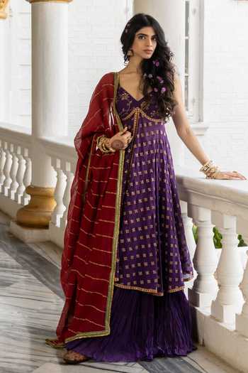 Buy Nimbu Mirchi Purple Chanderi V-neck Inaya Embroidered Anarkali Set at Aza Fashions Buy_Nimbu Mirchi_Purple Chanderi V-neck Inaya Embroidered Anarkali Set _at_Aza_Fashions