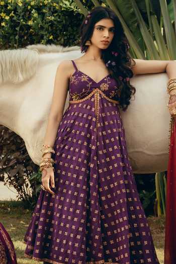 Shop Nimbu Mirchi Purple Chanderi V-neck Inaya Embroidered Anarkali Set Online at Aza Fashions Shop_Nimbu Mirchi_Purple Chanderi V-neck Inaya Embroidered Anarkali Set _Online_at_Aza_Fashions