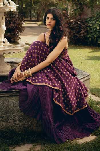 Nimbu Mirchi Purple Chanderi V-neck Inaya Embroidered Anarkali Set at Aza Fashions Nimbu Mirchi_Purple Chanderi V-neck Inaya Embroidered Anarkali Set _at_Aza_Fashions