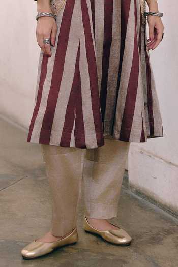 Buy_Pink City by Sarika_Brown Tissue Mandarin Collar, Yes Stripe Print Kurta And Pant Set 