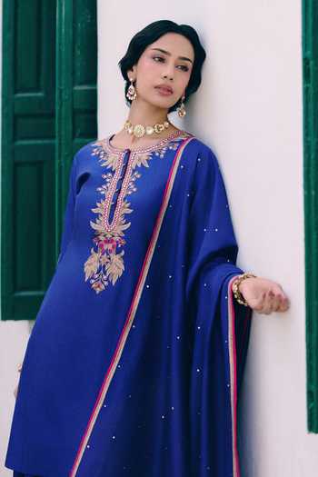 Pink City by Sarika_Blue Silk Round Neck Neel Mor Embroidered Kurta Sharara Set _Online_at_Aza_Fashions