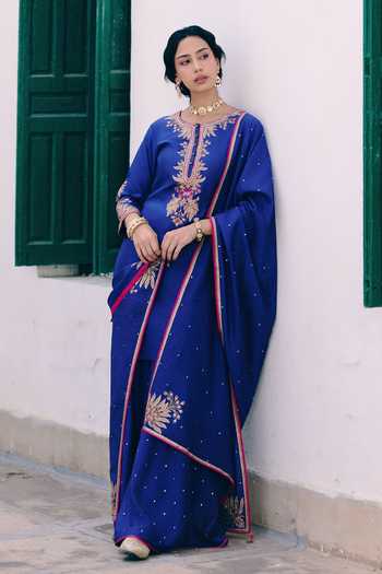 Buy_Pink City by Sarika_Blue Silk Round Neck Neel Mor Embroidered Kurta Sharara Set _Online_at_Aza_Fashions