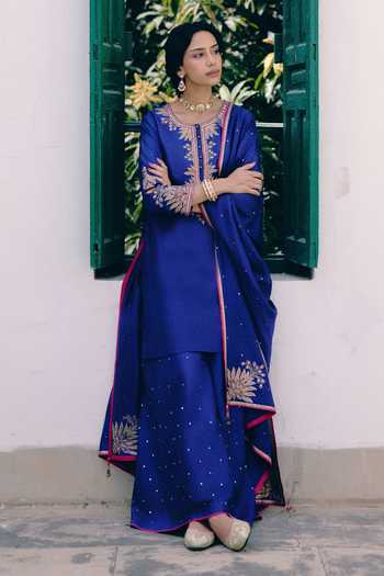 Shop_Pink City by Sarika_Blue Silk Round Neck Neel Mor Embroidered Kurta Sharara Set _Online_at_Aza_Fashions