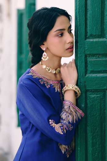 Pink City by Sarika_Blue Silk Round Neck Neel Mor Embroidered Kurta Sharara Set _at_Aza_Fashions